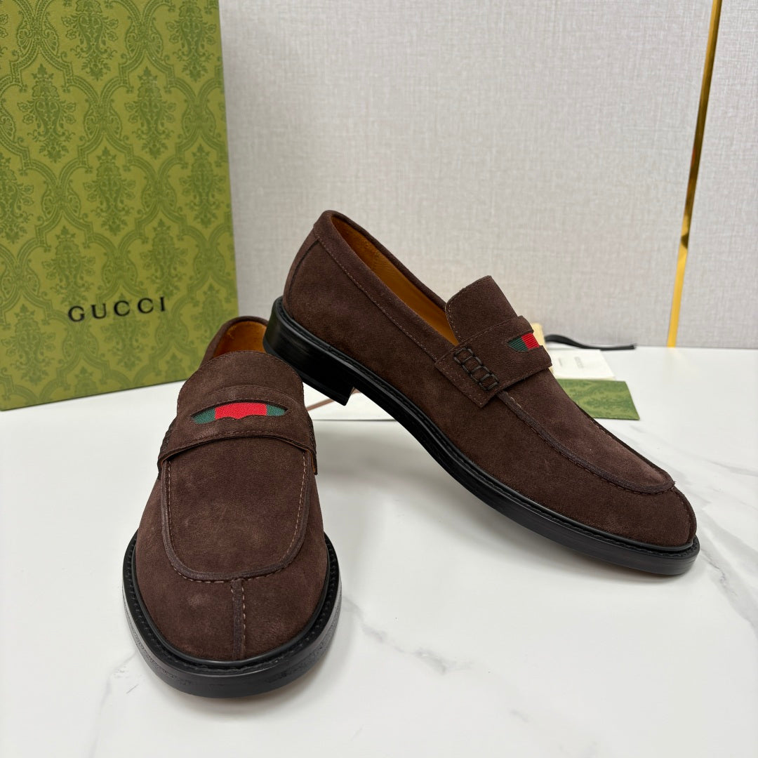 Gucci unisex suede loafers, dark brown side pair with strap vamp and multicolor logo stripe