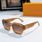 Brown tortoiseshell sunglasses with brown-tinted lenses and LV logo on temple