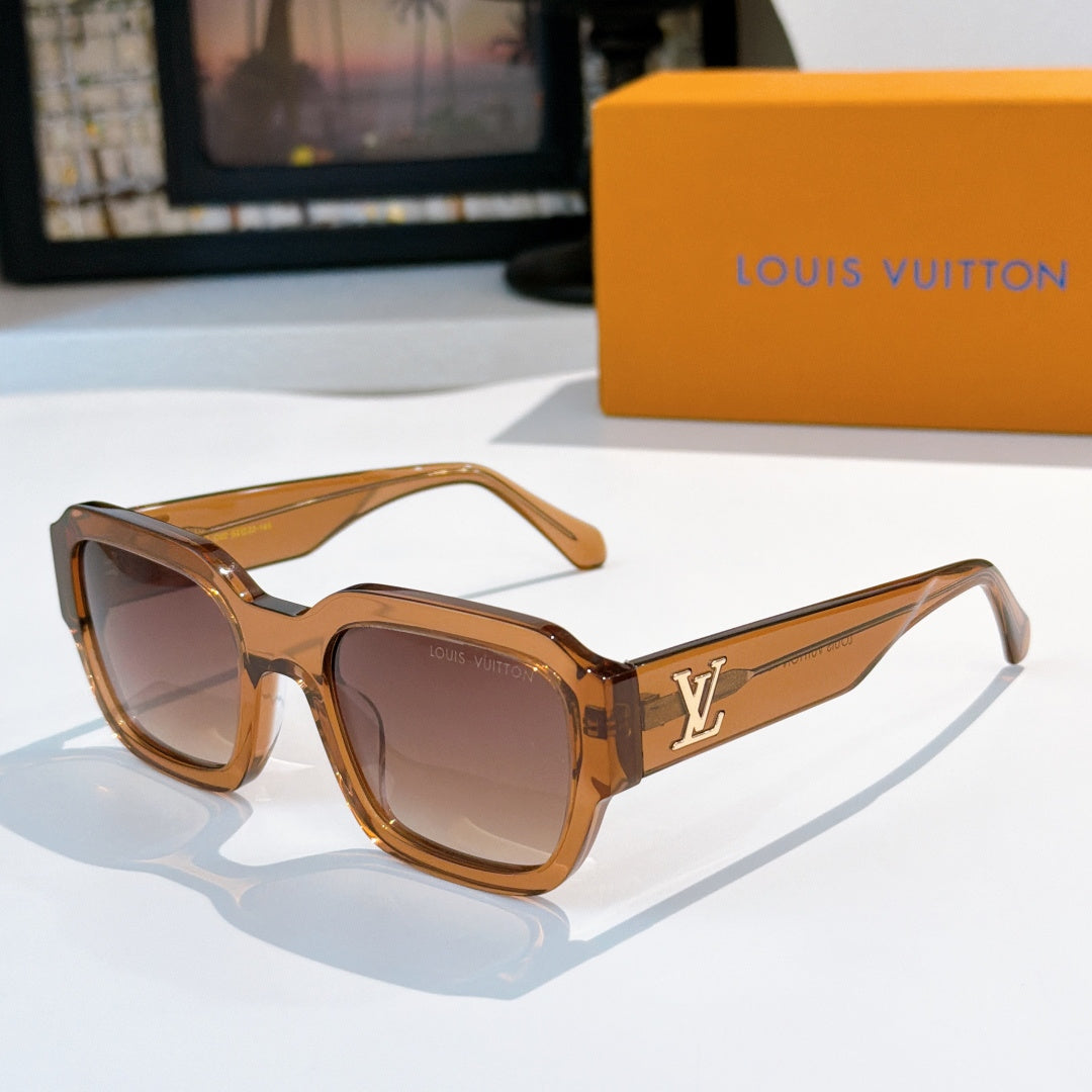 Brown tortoiseshell sunglasses with brown-tinted lenses and LV logo on temple