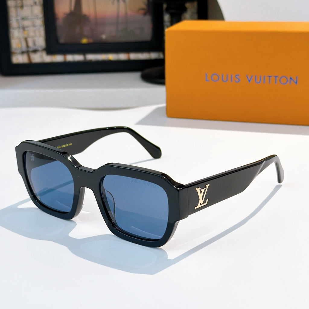 Black sunglasses with blue-tinted lenses and LV logo on temple