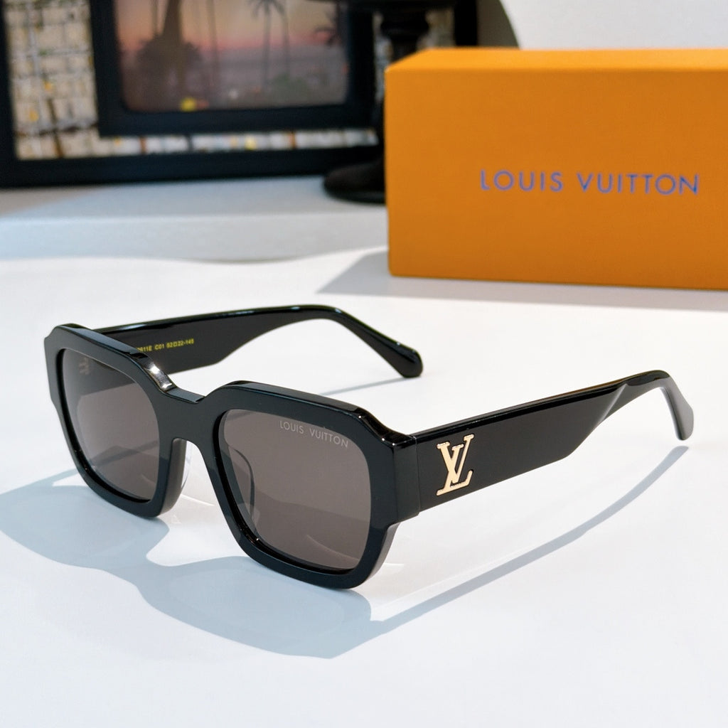Black sunglasses with dark smoke lenses and LV logo on temple