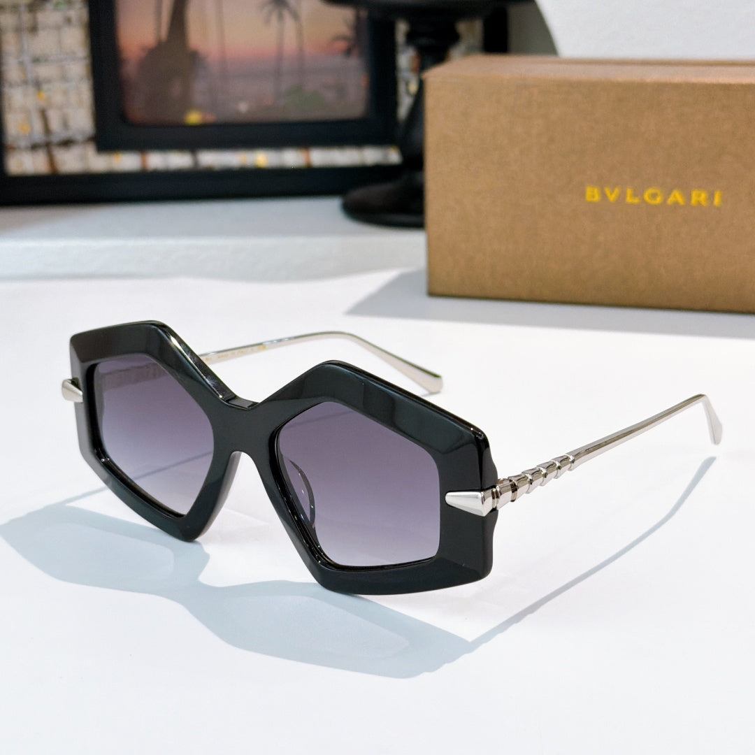 Black octagonal sunglasses with purple gradient lenses and silver-tone temples