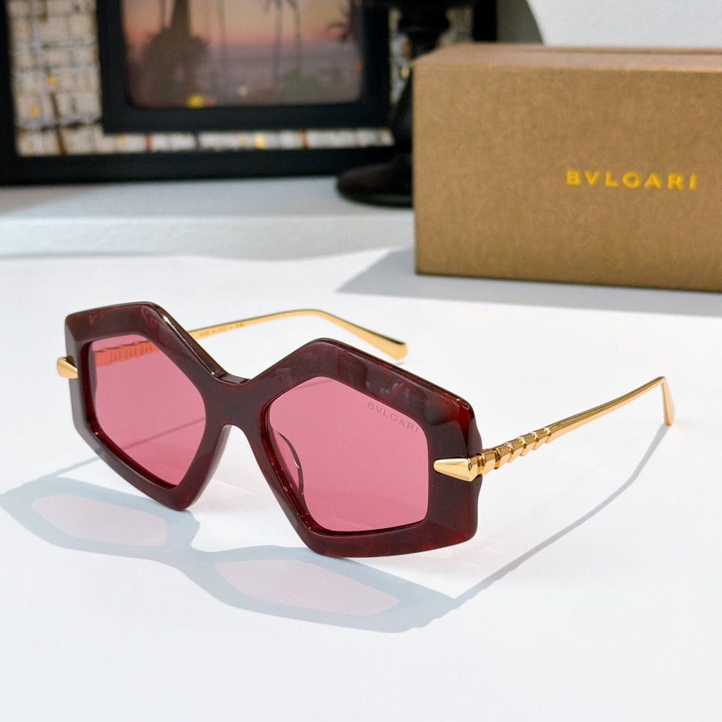 Burgundy octagonal sunglasses with pink lenses and gold-tone temples