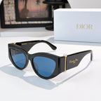 Cat-eye sunglasses with black frame and blue-tinted lenses.
