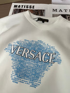 White crewneck sweatshirt with large blue Versace wordmark graphic