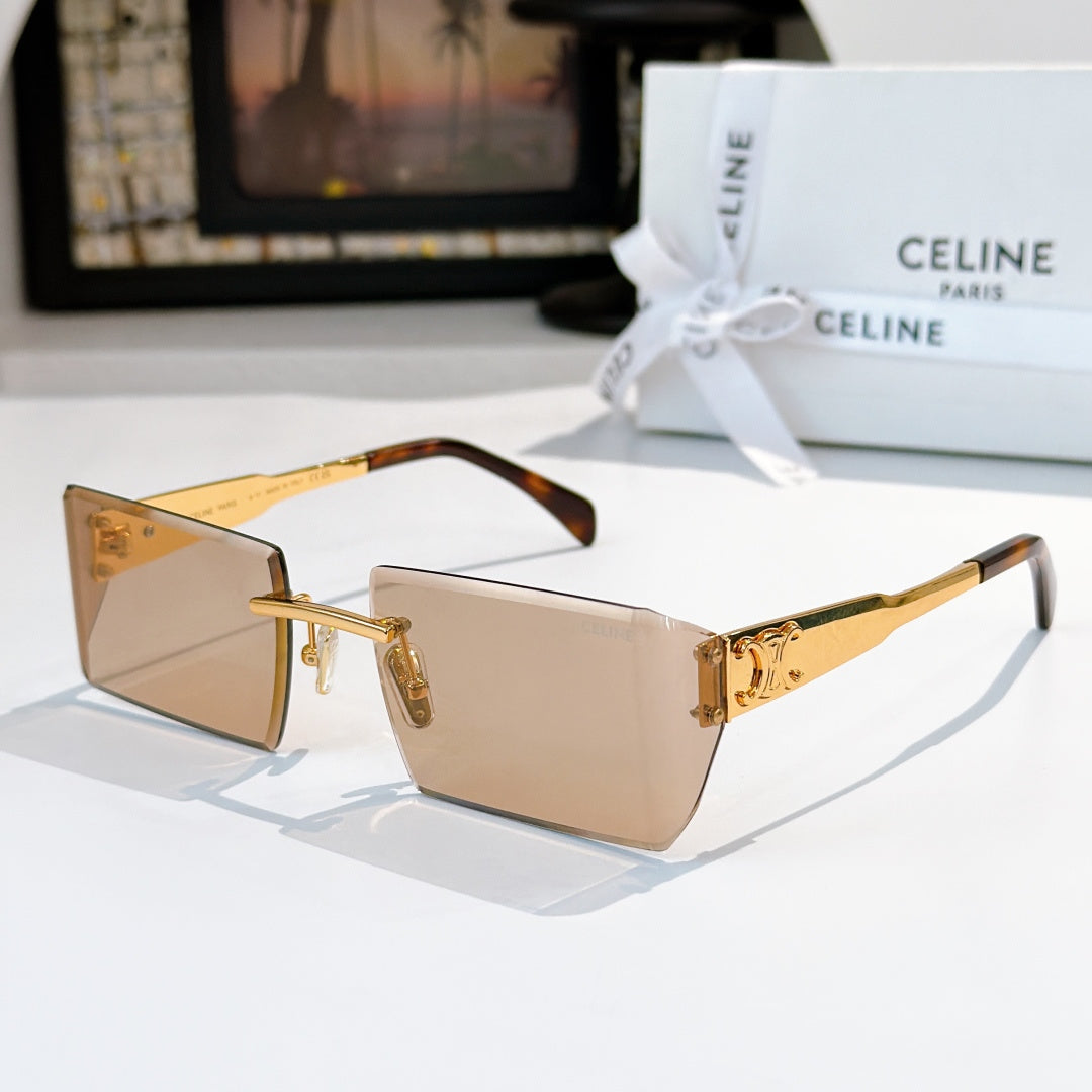 Rectangular Celine sunglasses with tan lenses, tortoise frame, gold crest detail