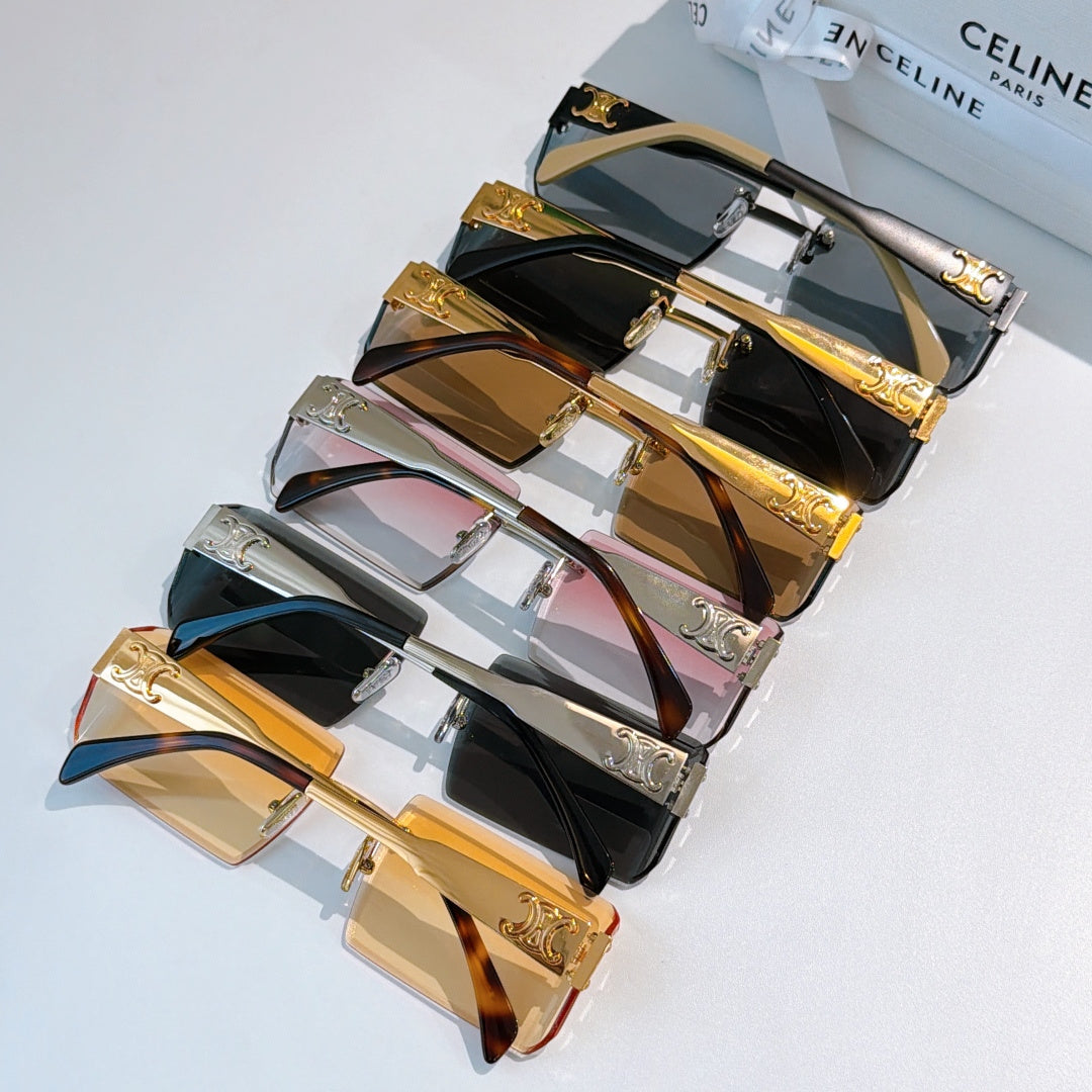 Assorted rectangular Celine sunglasses with various lens colors and frames, stacked