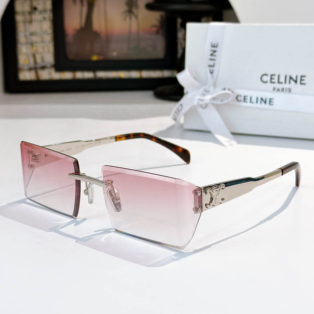 Rectangular Celine sunglasses with pink gradient lenses and pink front frame, gold hinge
