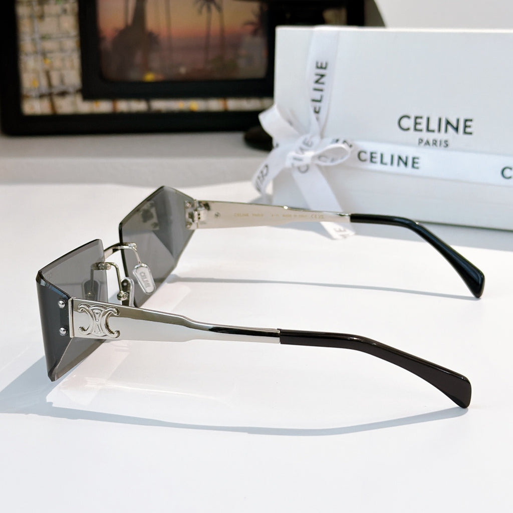Rectangular Celine sunglasses with smoke lenses, black frame, silver logo on arm