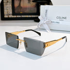 Rectangular Celine sunglasses with gray lenses, black frame, gold hinge detail