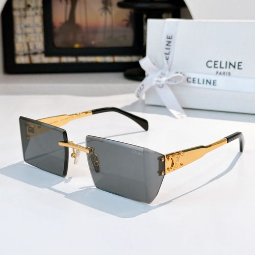 Rectangular Celine sunglasses with gray lenses, black frame, gold hinge detail
