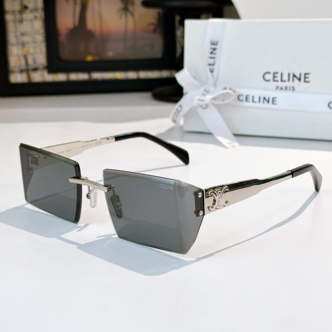 Rectangular Celine sunglasses with dark gray lenses, black frame, ornate silver hinge