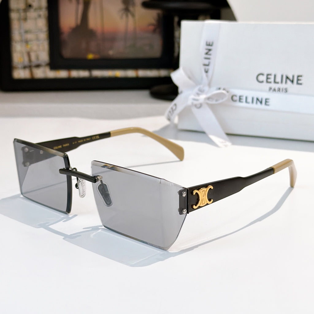 Rectangular Celine sunglasses with dark gray lenses and black frame, gold logo detail