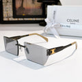 Rectangular Celine sunglasses with dark gray lenses and black frame, gold logo detail