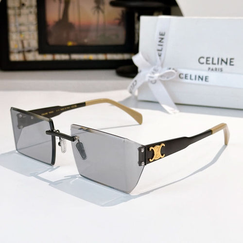 Rectangular Celine sunglasses with dark gray lenses and black frame, gold logo detail