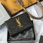 Black croc-textured small bag with gold YSL logo, front and side view
