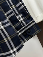 Navy plaid long-sleeve shirt with cuff and side seam button detail