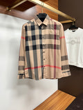 Burberry plaid long-sleeve button-front shirt in beige, navy, and maroon checks