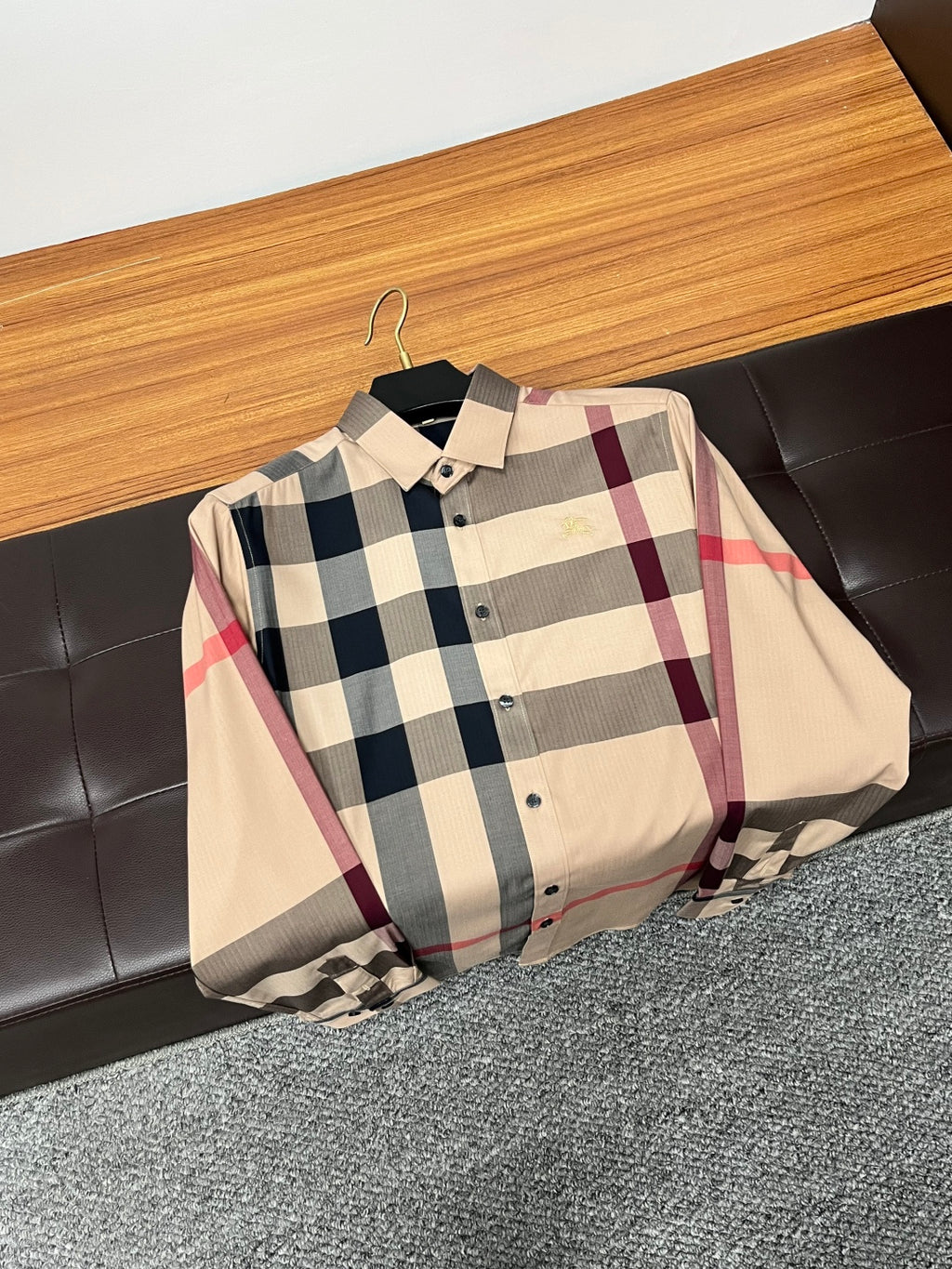 Burberry plaid long-sleeve button-front shirt on hanger, beige with navy and maroon