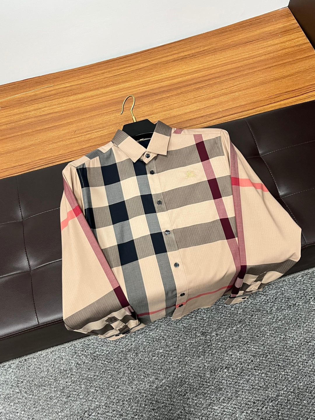 Burberry plaid long-sleeve button-front shirt on hanger, beige with navy and maroon