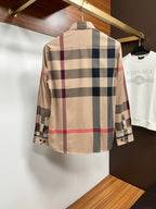 Burberry plaid long-sleeve button-front shirt, back view, beige with navy and maroon