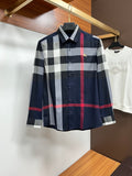 Long-sleeve plaid shirt with navy, white, and red check, button front and collar