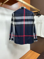 Long-sleeve plaid shirt back with navy, white, and red vertical stripe, button placket