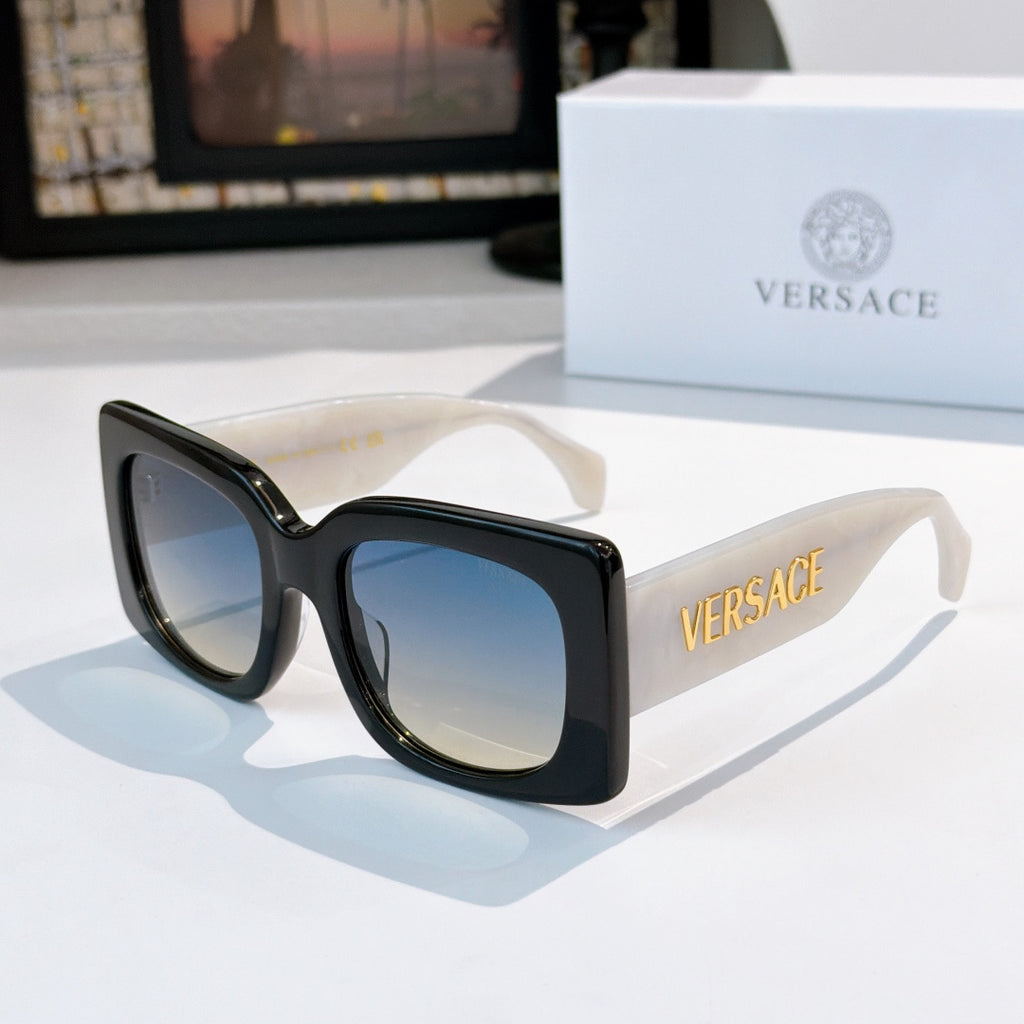 Versace sunglasses, black square frames with blue-tinted lenses and logo on temple