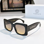 Versace sunglasses, black square frames with tinted lenses and VERSACE logo on temple