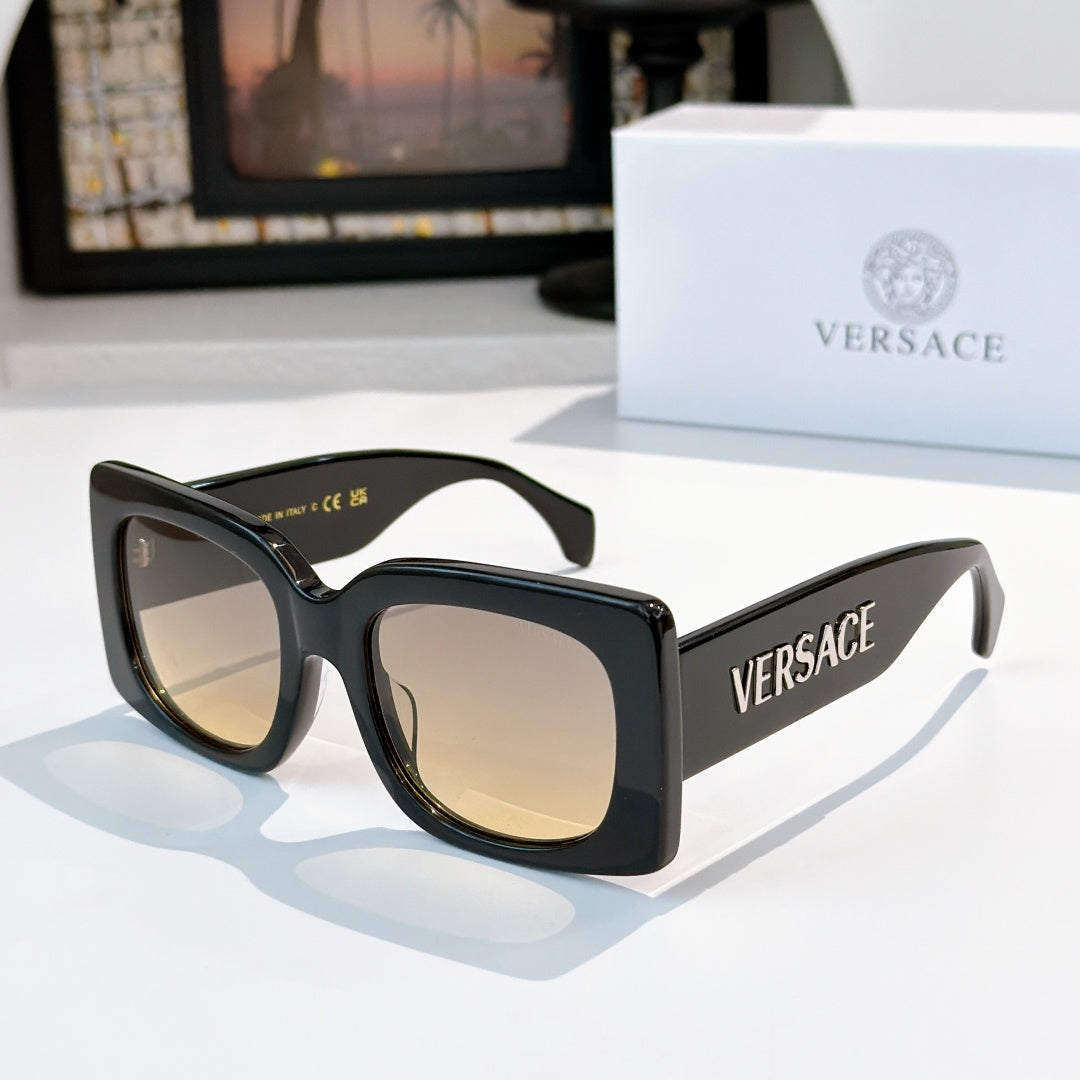 Versace sunglasses, black square frames with tinted lenses and VERSACE logo on temple