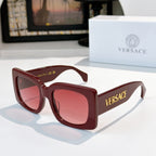 Versace sunglasses, burgundy square frames with tinted lenses and VERSACE logo on temple