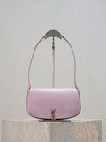 YSL small pink crossbody bag with curved flap, gold-tone logo clasp, textured finish