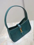 YSL small handbag with top handle, teal textured leather, gold YSL emblem front tab.