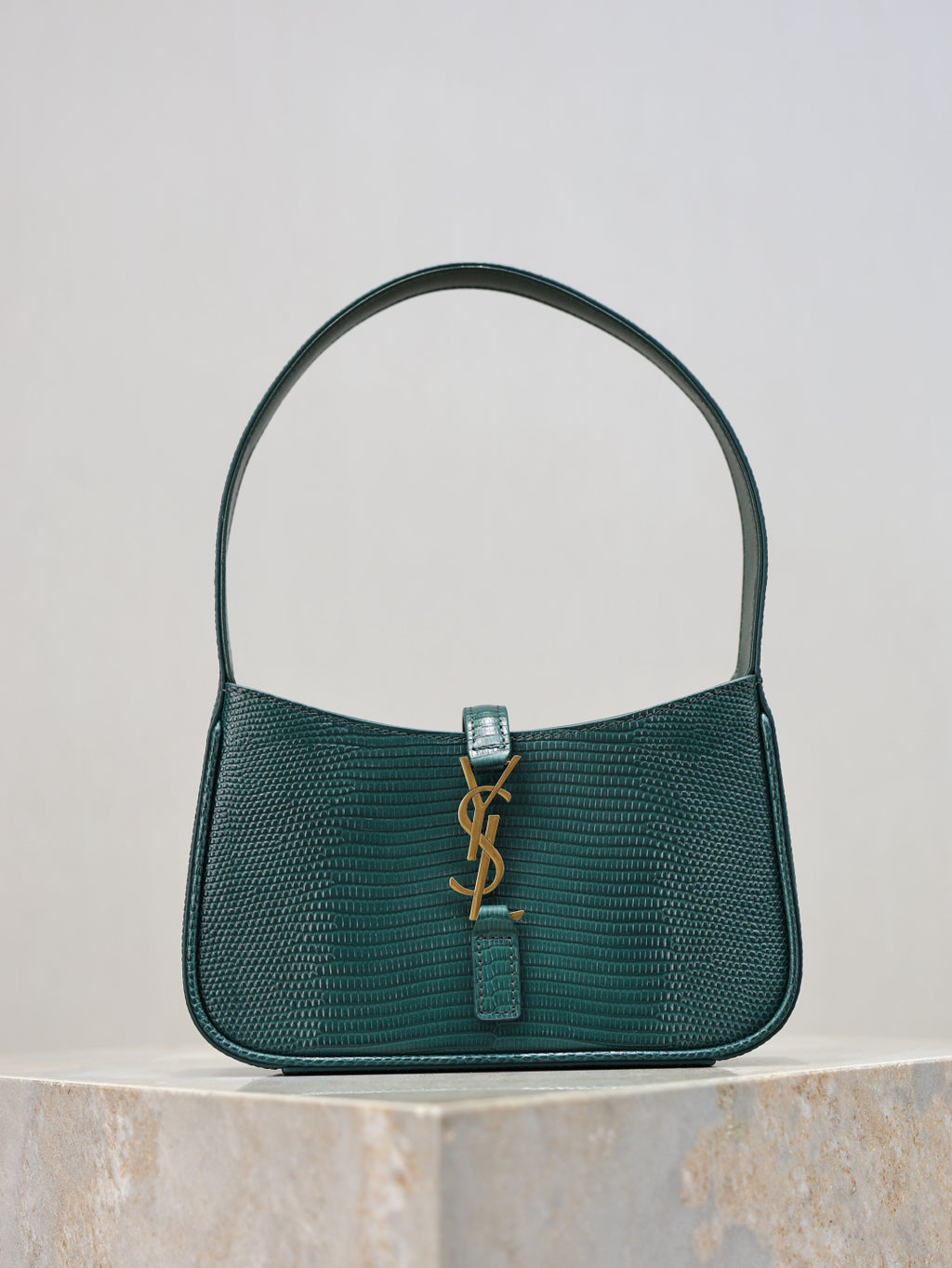 YSL small handbag in teal green textured leather, top handle, gold YSL hardware.