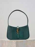 YSL small handbag in teal green textured leather, top handle, gold YSL hardware.