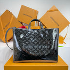 Men’s Louis Vuitton tote bag with top handles and monogram pattern, dark finish.