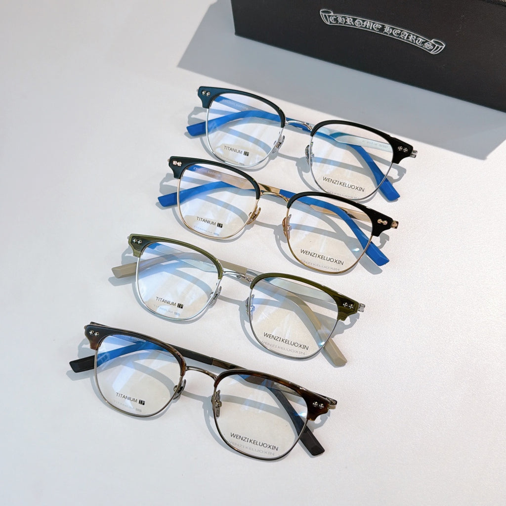 Assorted blue-temple eyeglasses with clear lenses, stacked in a set