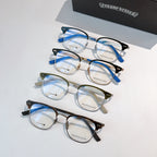 Assorted blue-temple eyeglasses with clear lenses, stacked in a set