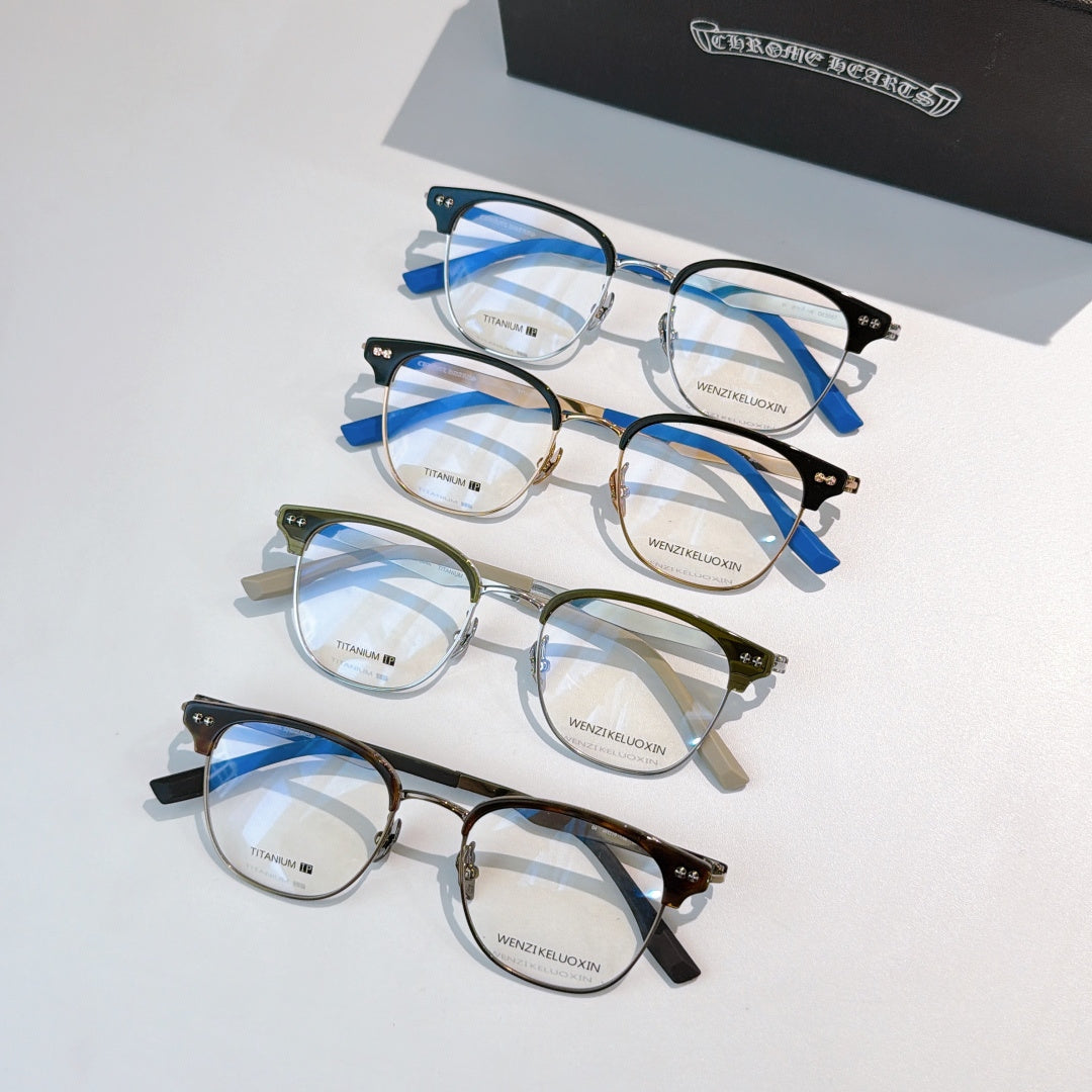 Assorted blue-temple eyeglasses with clear lenses, stacked in a set