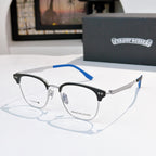 Metal eyeglass frames with clear lenses and blue temple tips