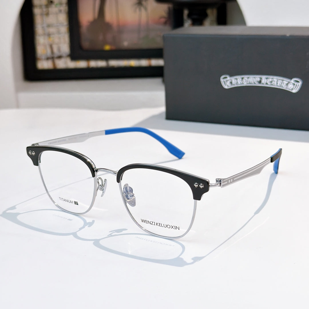 Metal eyeglass frames with clear lenses and blue temple tips