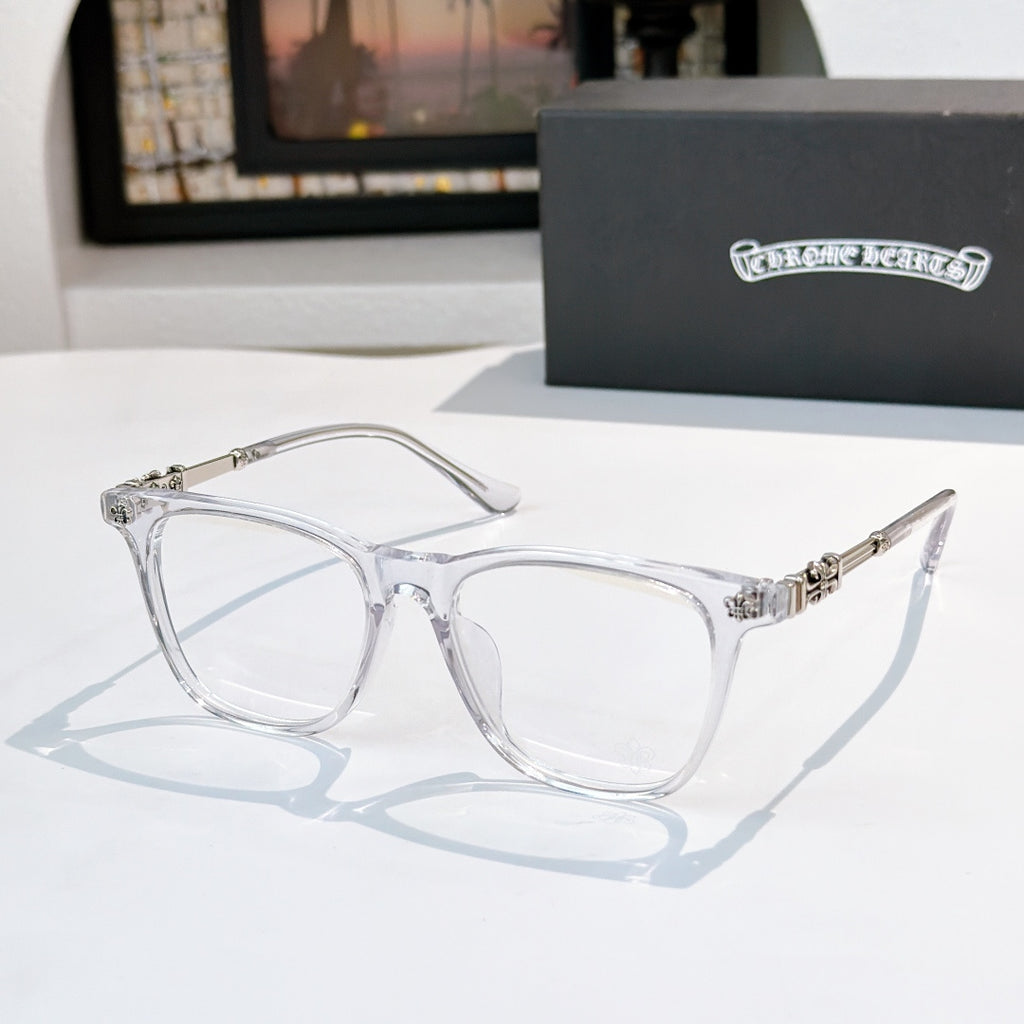 Transparent eyeglasses with silver hinges and clear lenses