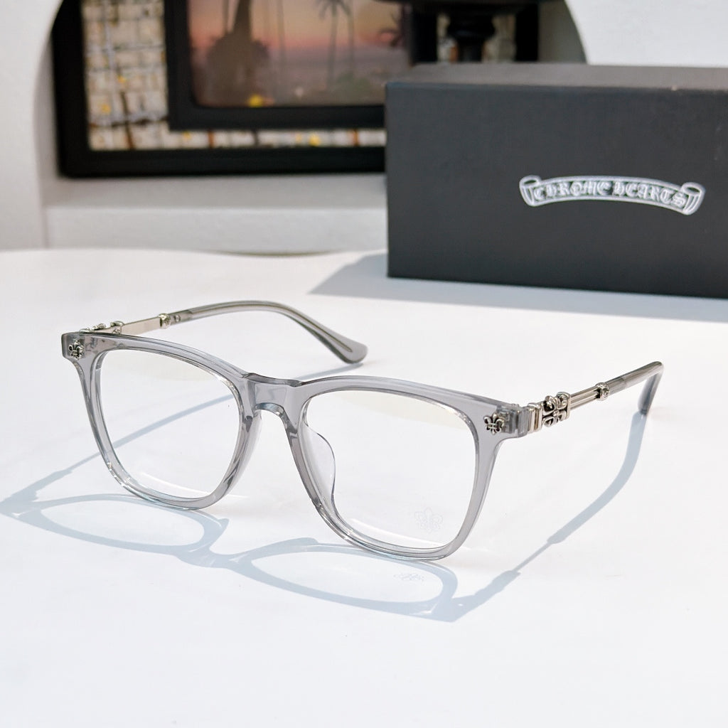 Transparent eyeglasses with silver frame and clear lenses