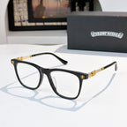 Black full-rim eyeglasses with clear lenses and gold-tone temples