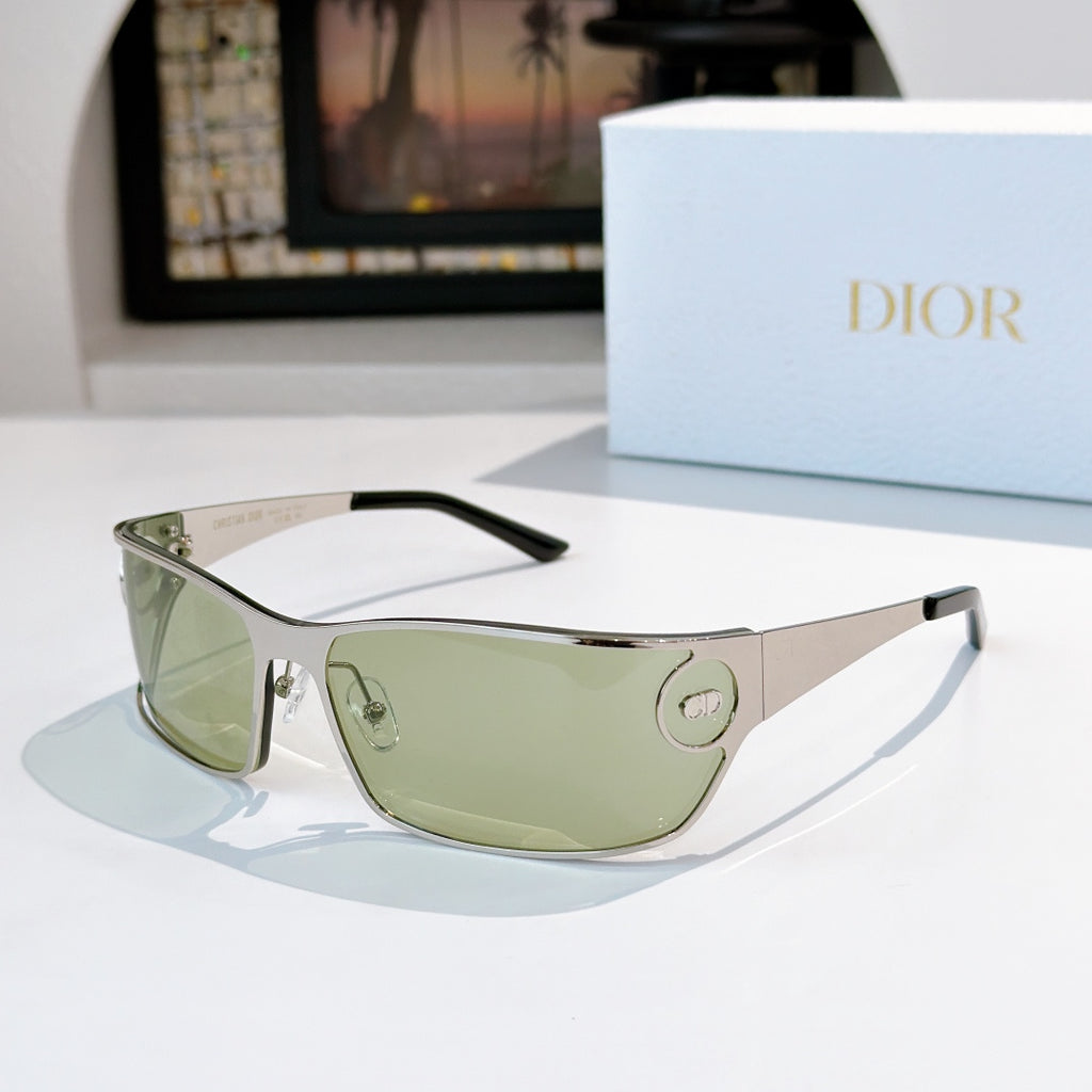 Green-tinted sunglasses with silver frame and dark temples.