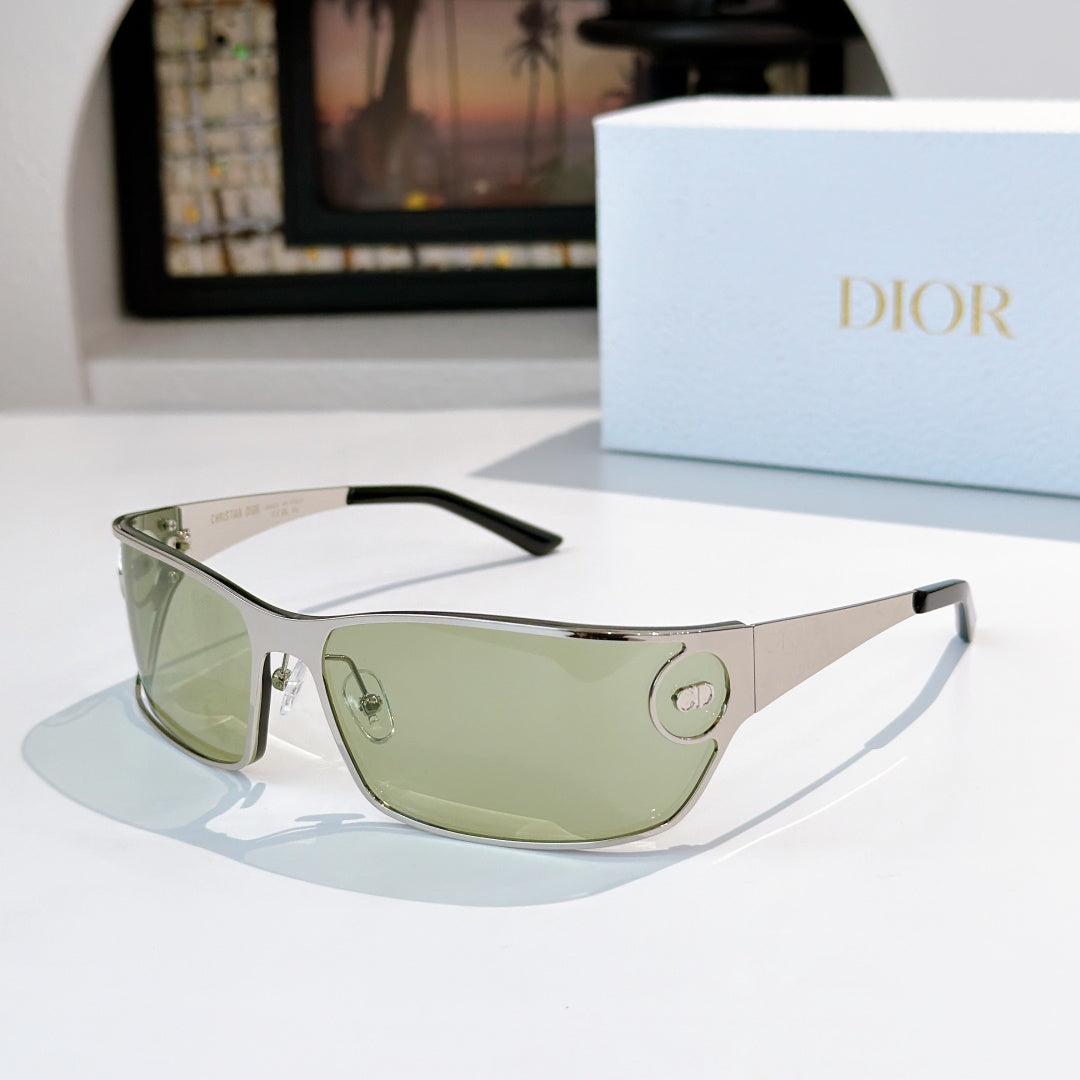 Green-tinted sunglasses with silver frame and dark temples.