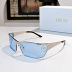 Blue-tinted sunglasses with dark arms and gold logo details.