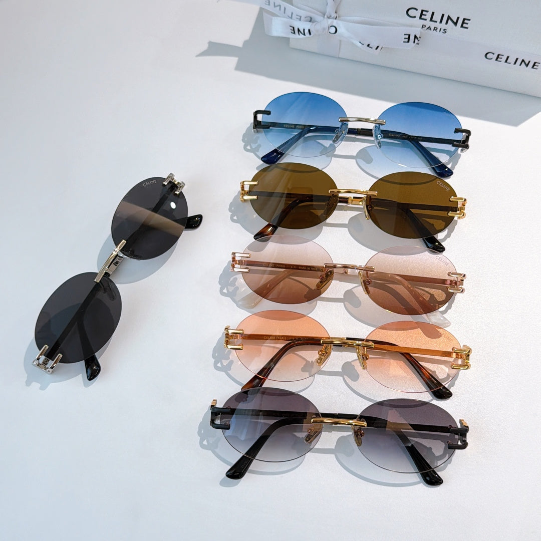 Celine sunglasses assortment with blue, brown, amber, and black round lenses