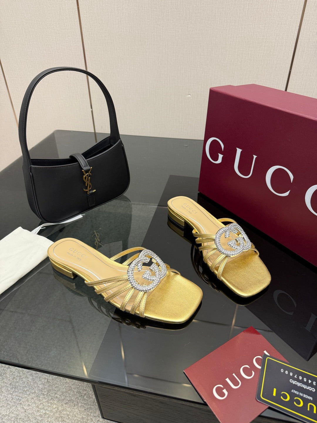 Gucci gold mule slide sandals with jeweled GG logo, low block heel