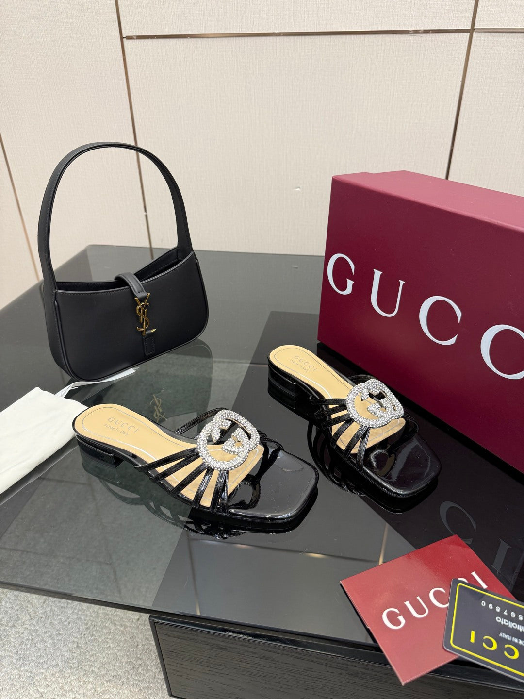 Gucci ladies black mule slide shoes with rhinestone GG emblem and patent finish